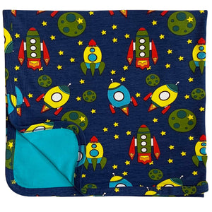 Baby Toddler Boy Space Ship Blanket & Bib Gift Set 2 pc Knit Cotton