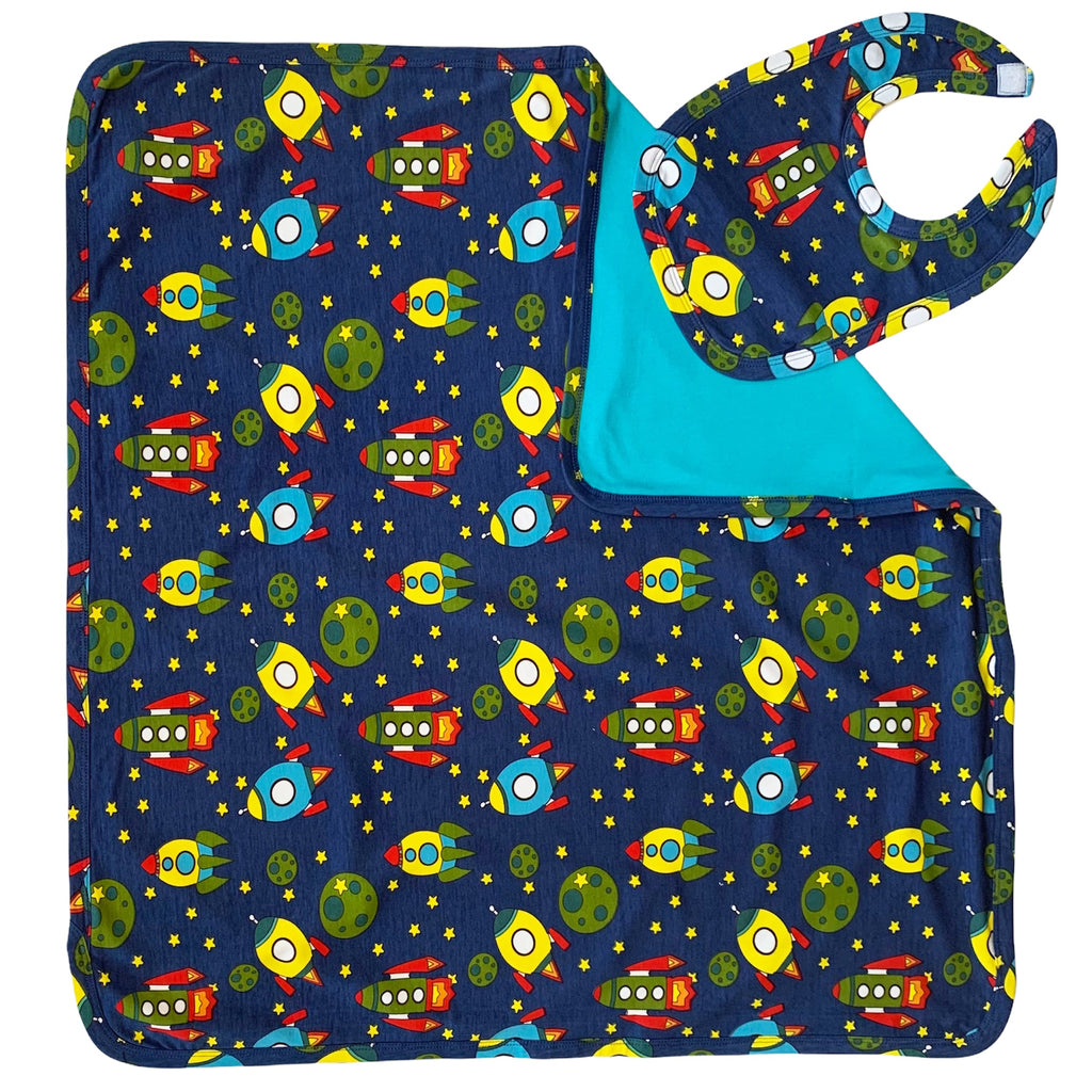Baby Toddler Boy Space Ship Blanket & Bib Gift Set 2 pc Knit Cotton - 99fab 