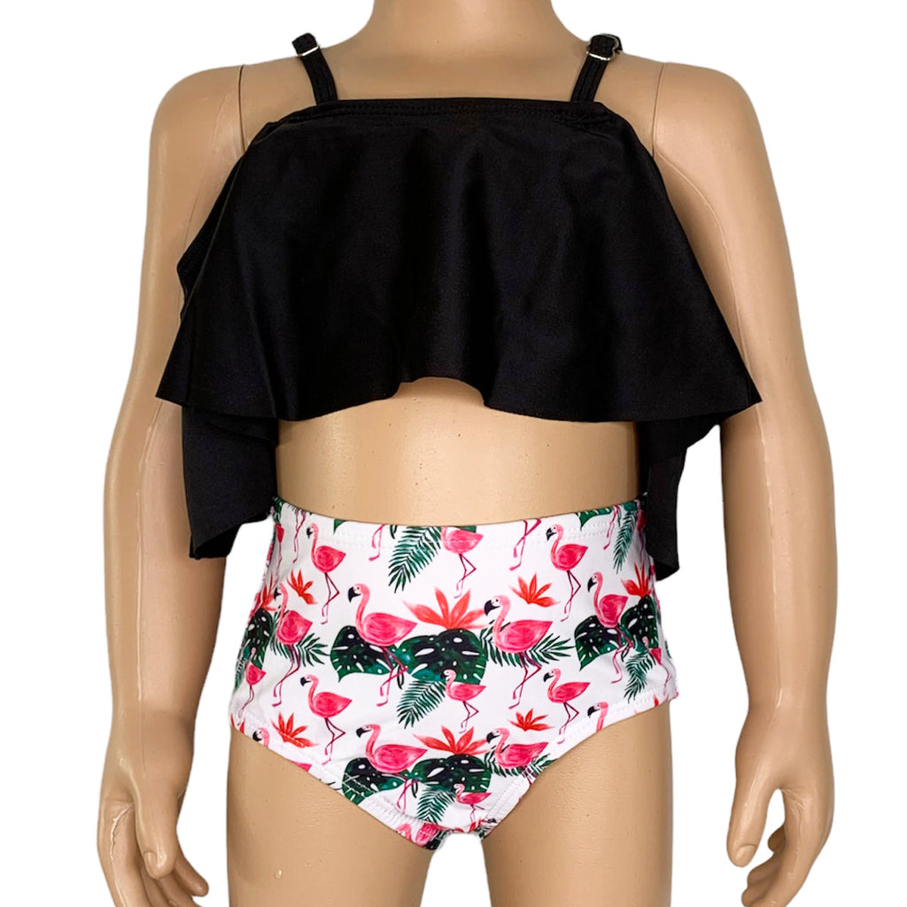 AL Limited Girls 2 piece Black Ruffle Top Pink Flamingos Bikini bathing suit - 99fab 