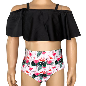 AL Limited Girls 2 piece Black Ruffle Top Pink Flamingos Bikini bathing suit