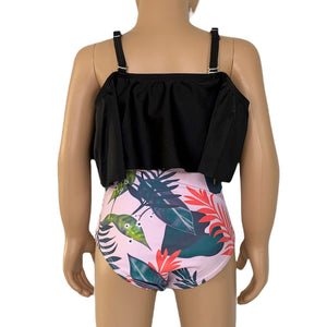 AL Limited Girls 2 piece Black Ruffle Pink Tropical Bikini bathing suit