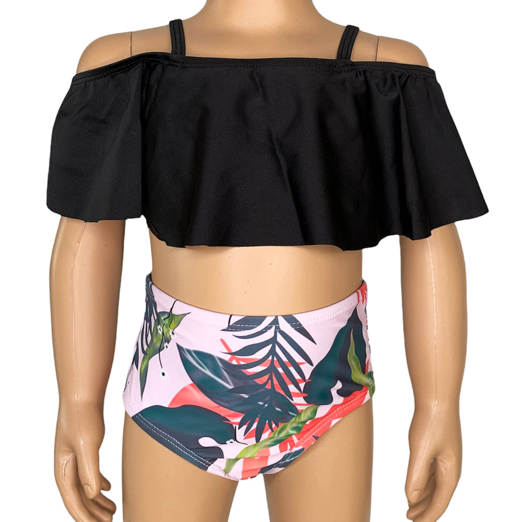 AL Limited Girls 2 piece Black Ruffle Pink Tropical Bikini bathing suit - 99fab 