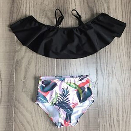 AL Limited Girls 2 piece Black Ruffle Pink Tropical Bikini bathing suit