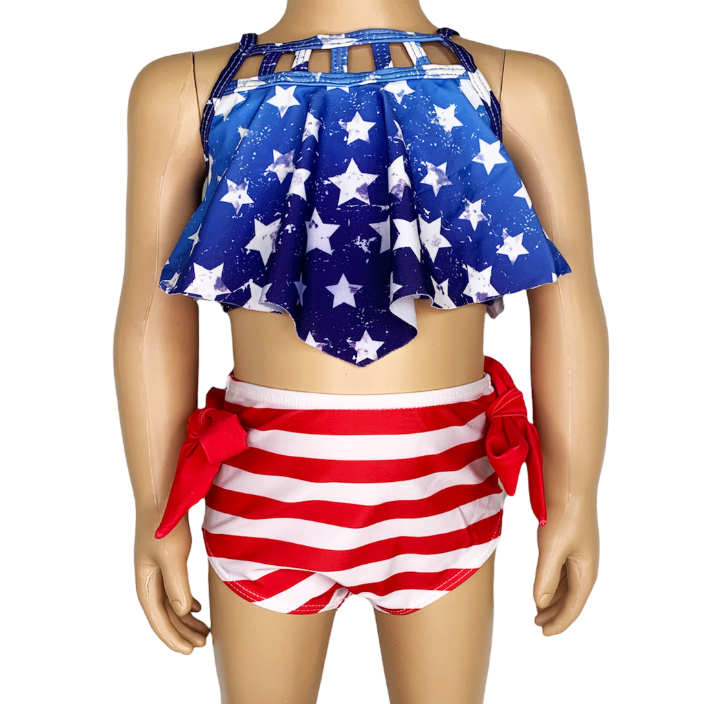 Girls 2 pc Patriotic Red White Blue Stars Stripes Tankini Swimsuit 4th of July - 99fab 