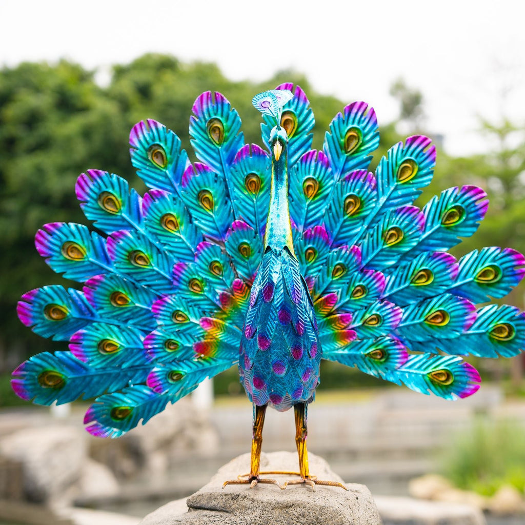 Alpine Lawn Art Peacock Blue Metallic Statue Indoor/Outdoor-0