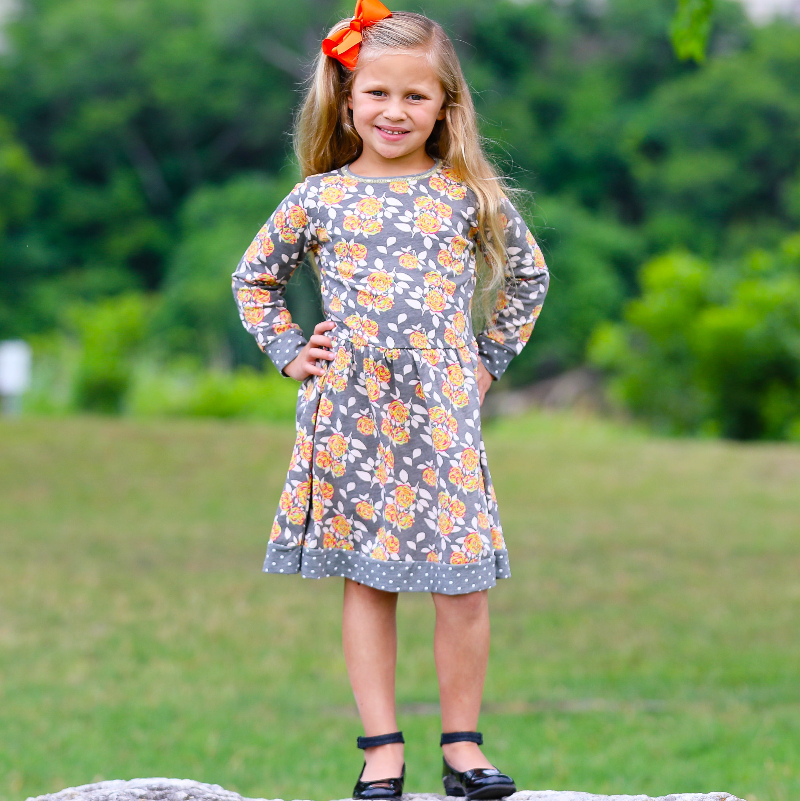 Girls Boutique Grey Peach Shabby Fall Floral Long Sleeve Cotton Dress