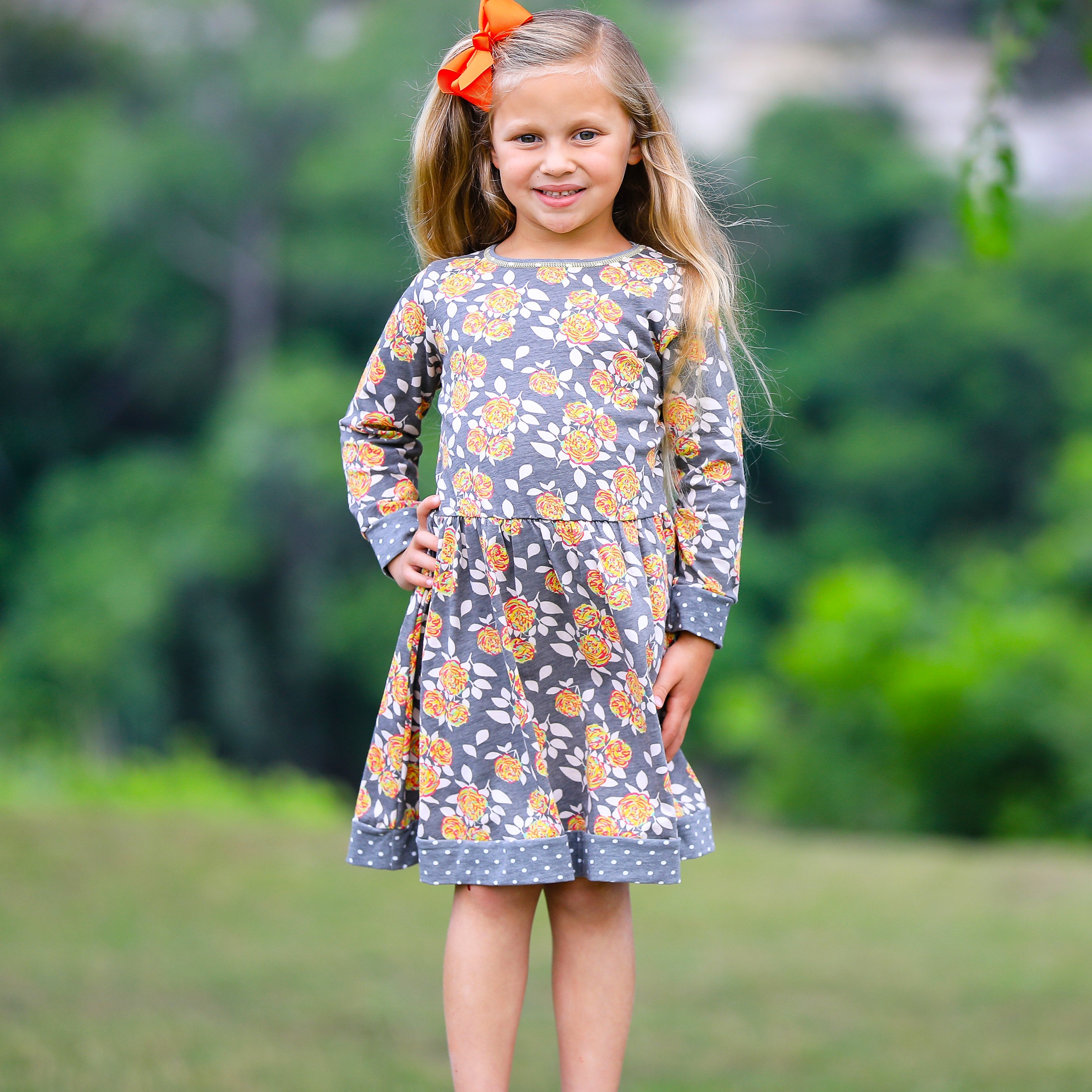 Girls Boutique Grey Peach Shabby Fall Floral Long Sleeve Cotton Dress