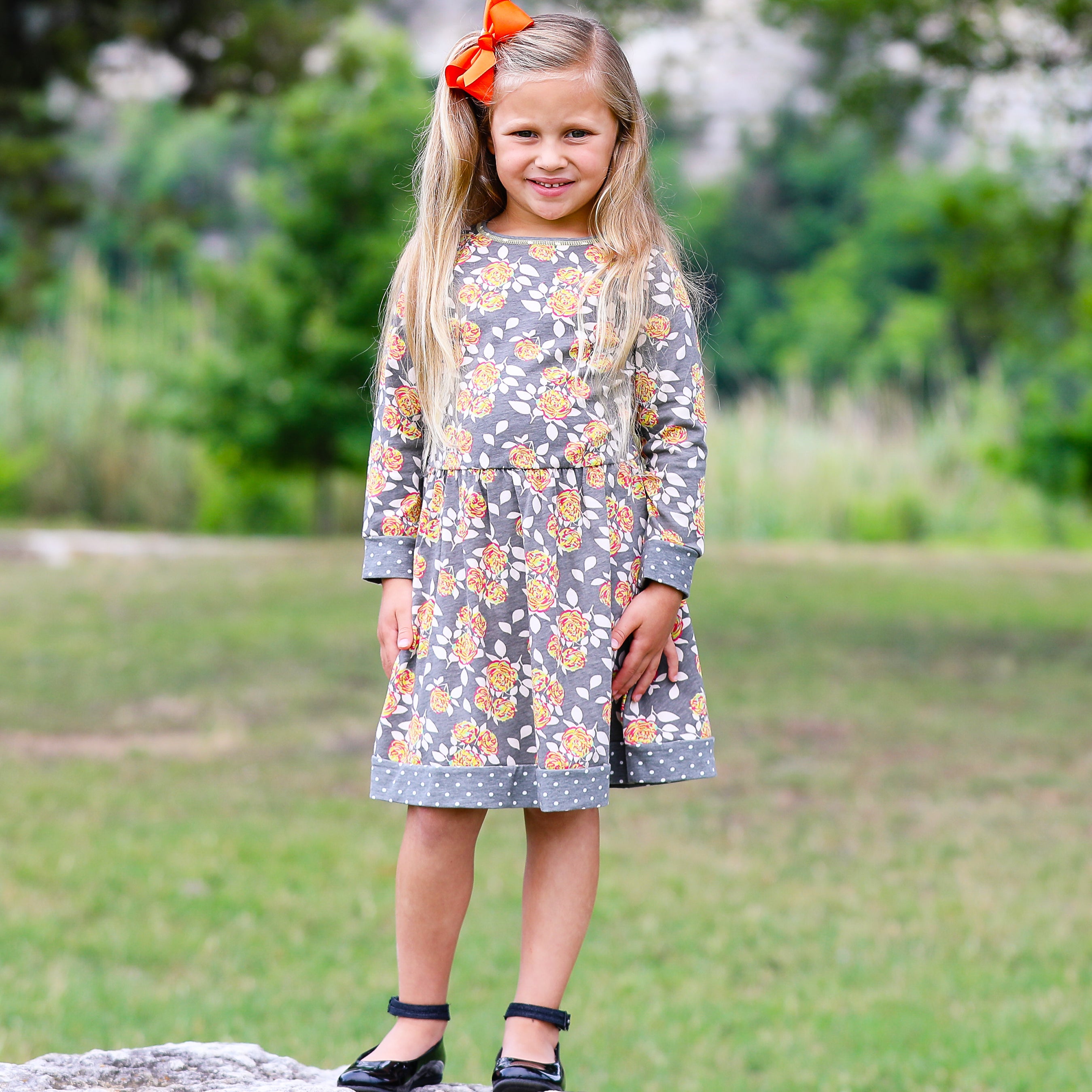 Girls Boutique Grey Peach Shabby Fall Floral Long Sleeve Cotton Dress