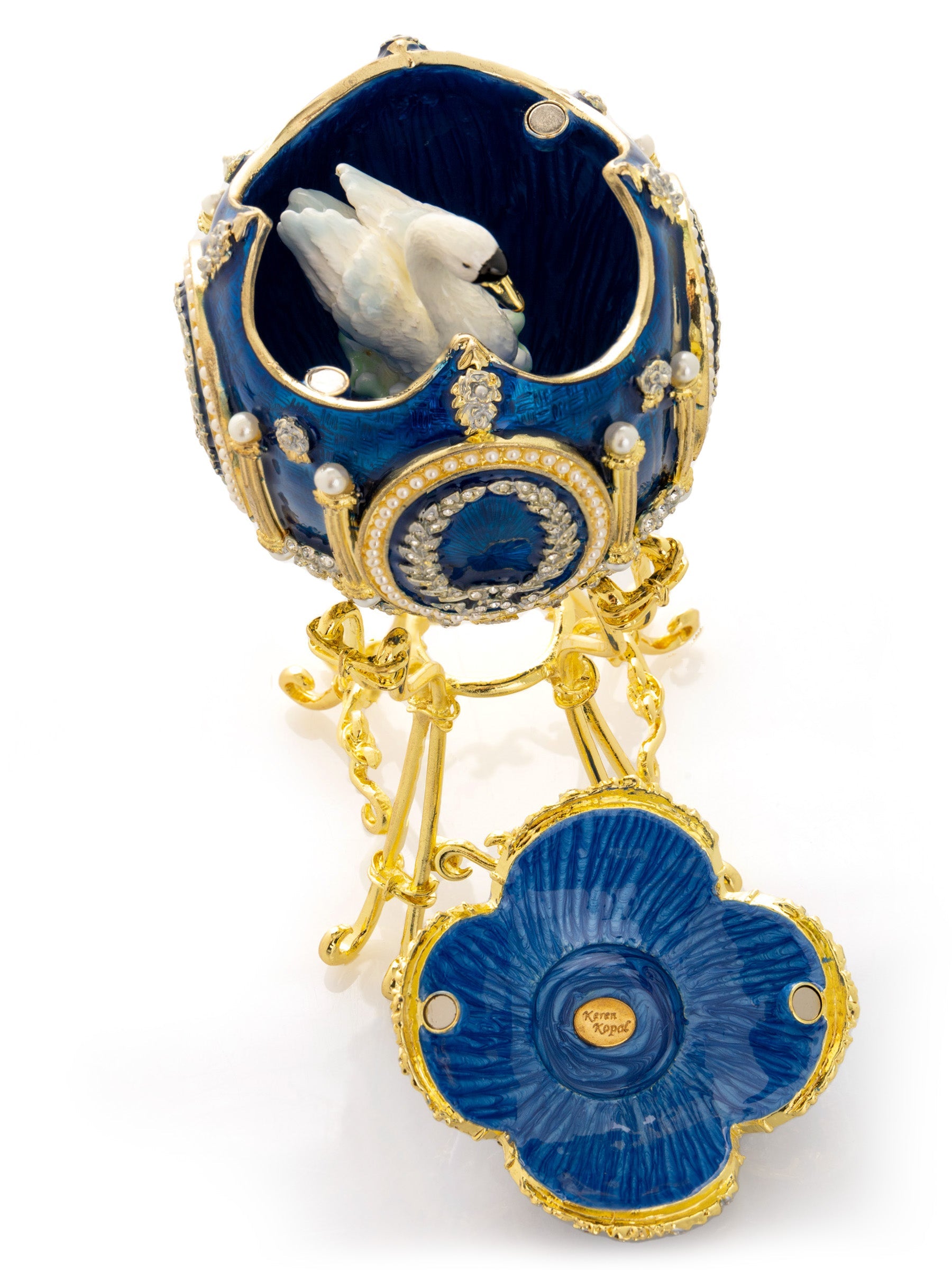 Blue Faberge Egg with Swan Inside-4