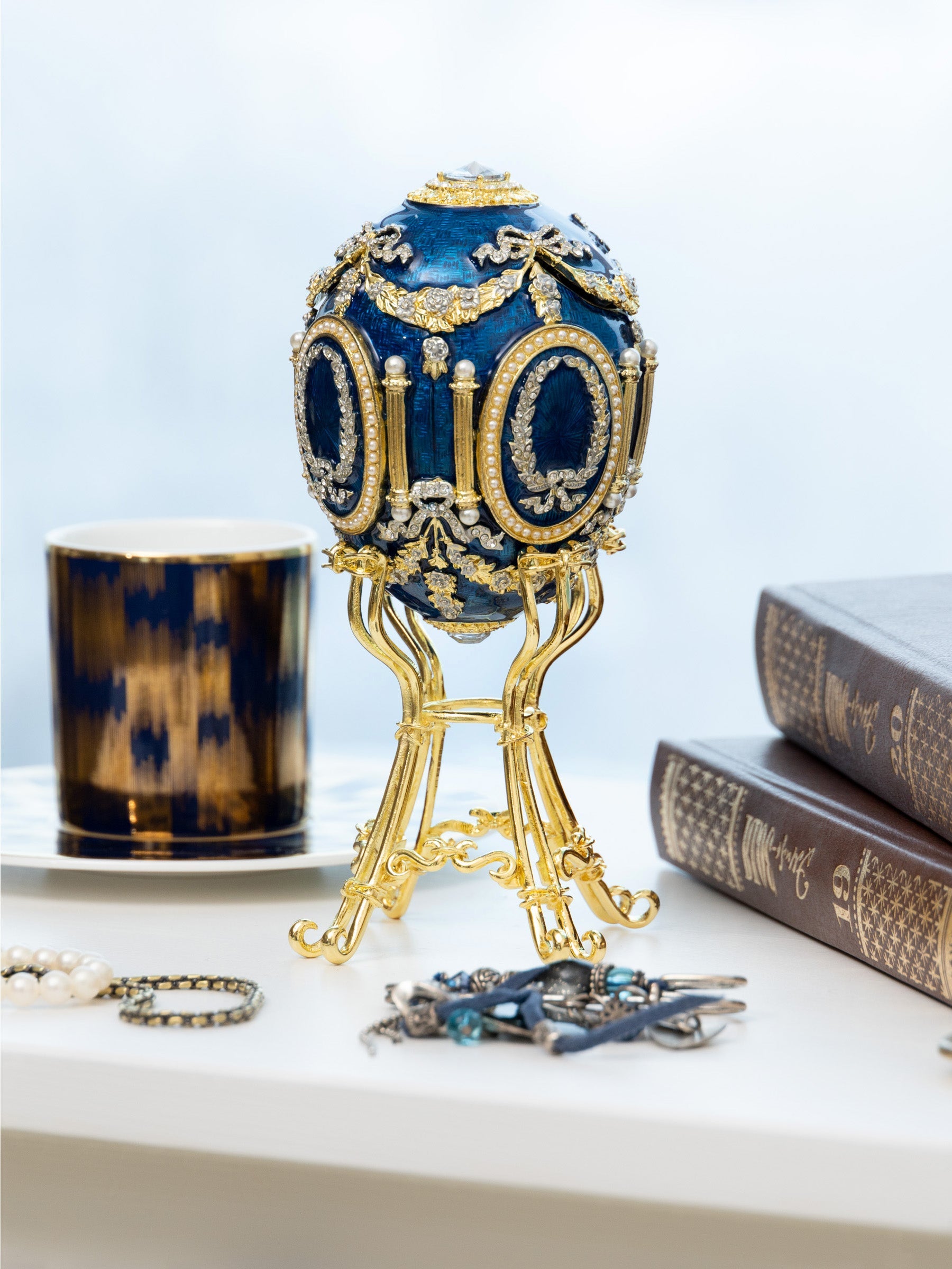 Blue Faberge Egg with Swan Inside-2