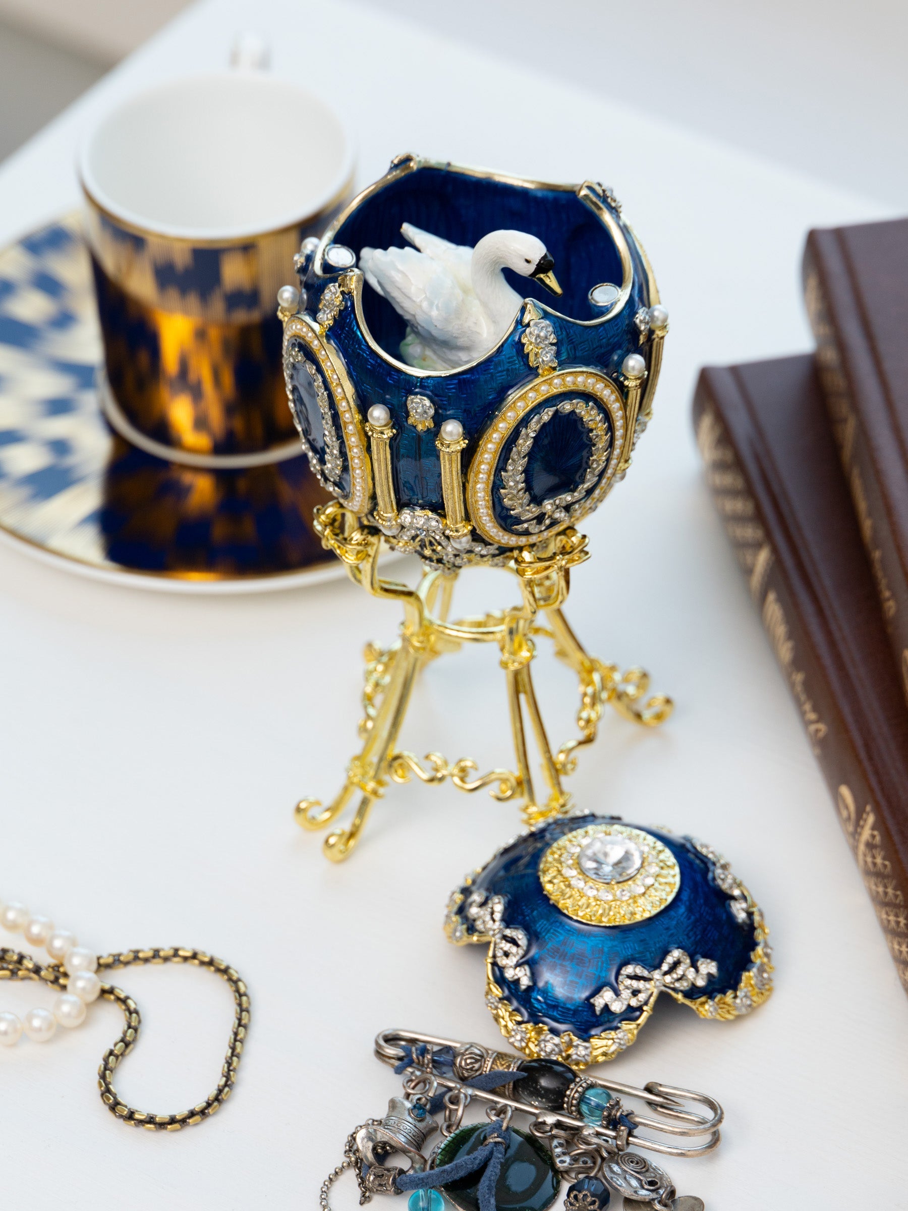 Blue Faberge Egg with Swan Inside-11