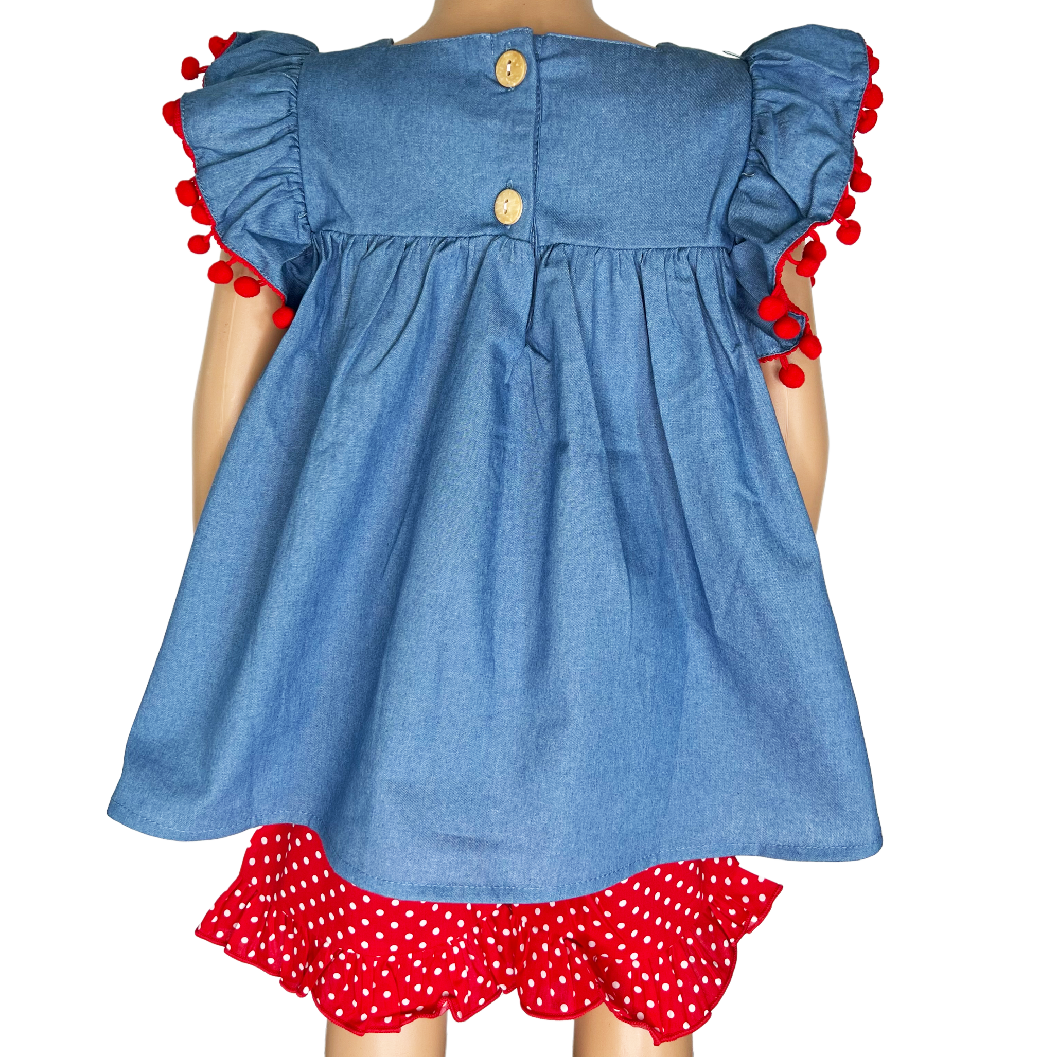 Girls Blue Chambray Apple top with Red polka Dot Ruffle Shorts Back to School-2