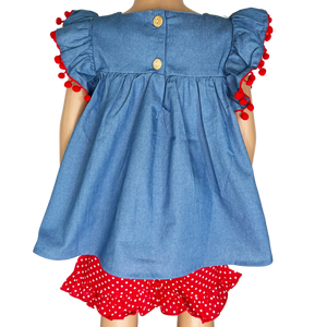 Girls Blue Chambray Apple top with Red polka Dot Ruffle Shorts Back to School-2