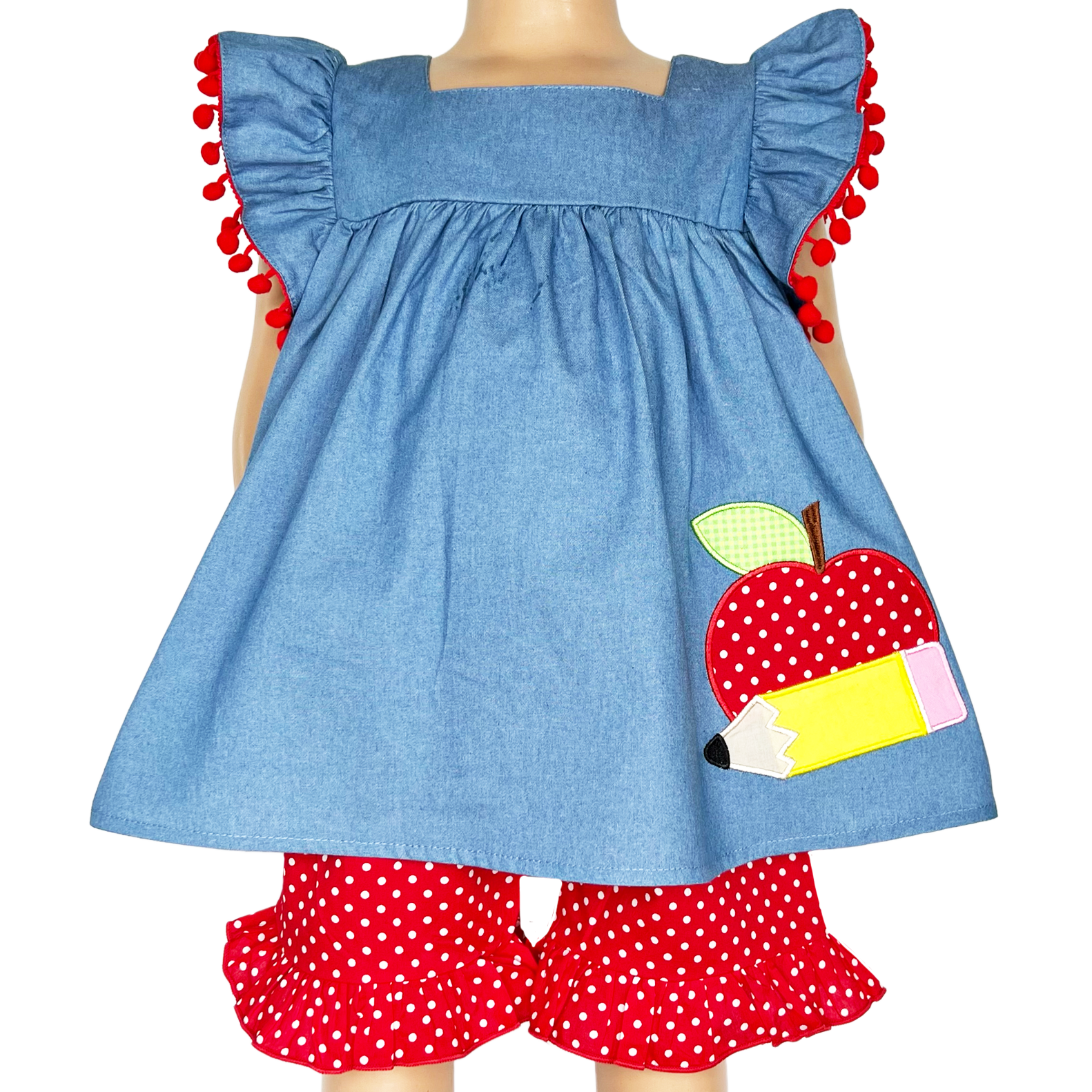 Girls Blue Chambray Apple top with Red polka Dot Ruffle Shorts Back to School-0