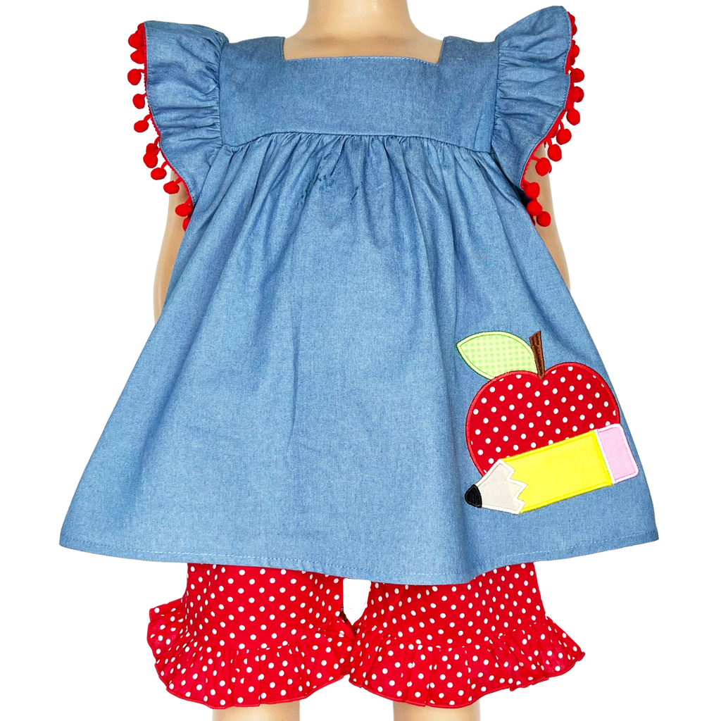 Girls Blue Chambray Apple top with Red polka Dot Ruffle Shorts Back to School-0