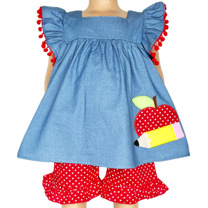 Girls Blue Chambray Apple top with Red polka Dot Ruffle Shorts Back to School-0