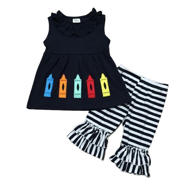 Girls Blue Crayon Tunic and Striped Ruffle Capris Back to School-0