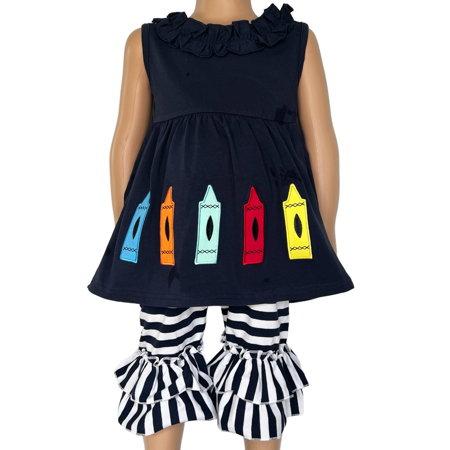 Girls Blue Crayon Tunic and Striped Ruffle Capris Back to School-1