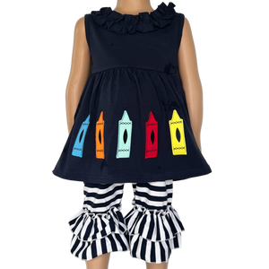 Girls Blue Crayon Tunic and Striped Ruffle Capris Back to School-1