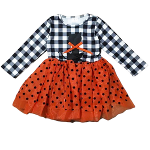 Girls Halloween Dress with Black Cat and Orange & Black Polka Dot Tulle-1