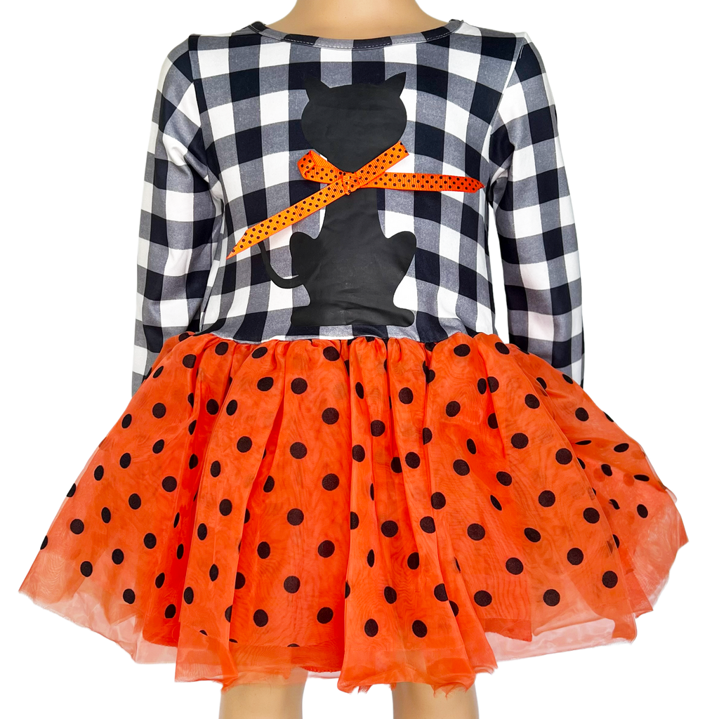 Girls Halloween Dress with Black Cat and Orange & Black Polka Dot Tulle-0