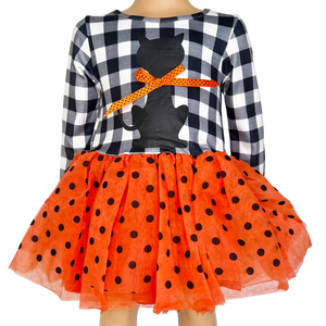 Girls Halloween Dress with Black Cat and Orange & Black Polka Dot Tulle-0
