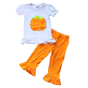 Girls Orange Pumpkin T-Shirt and Polka Dot Pants Fall Thanksgiving-1