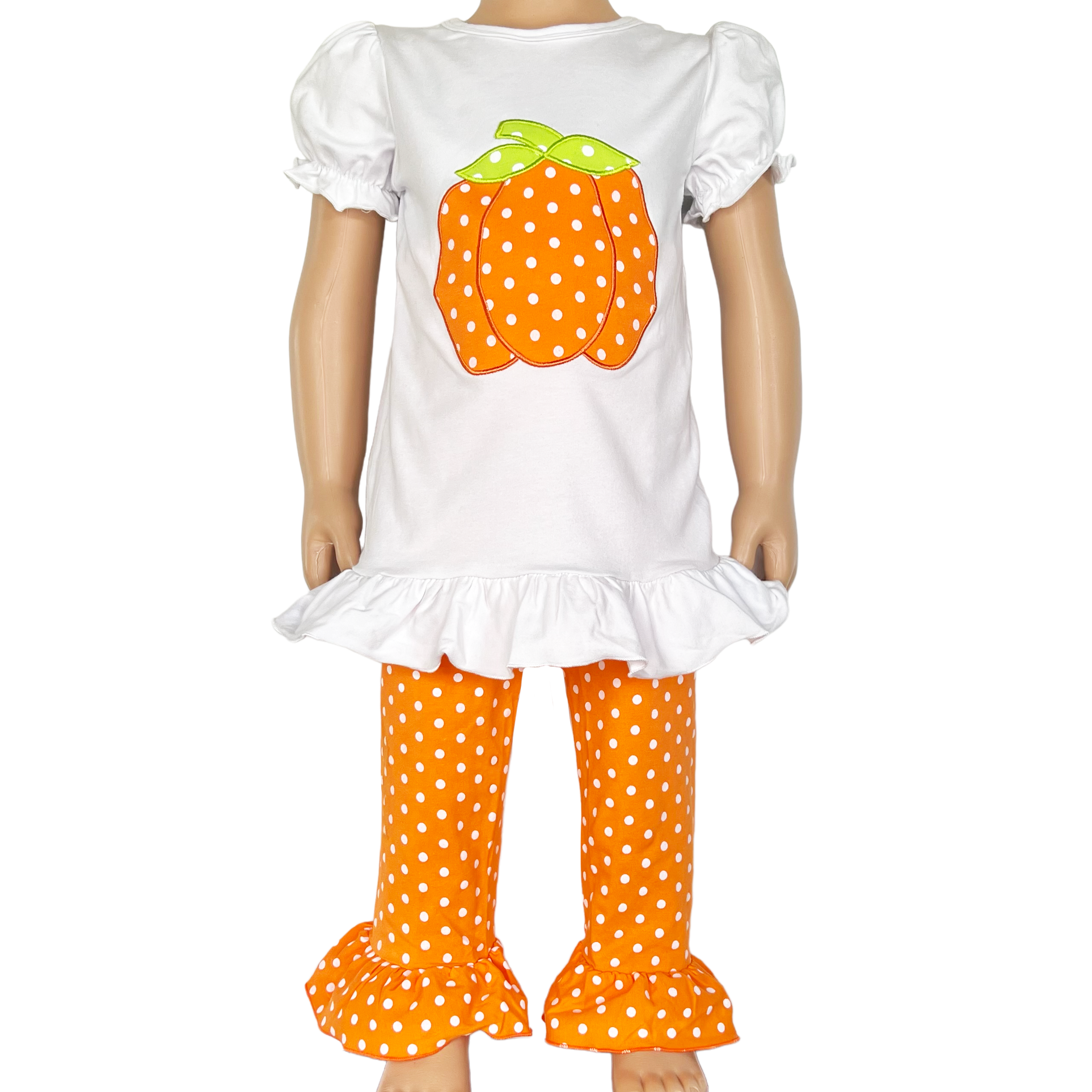 Girls Orange Pumpkin T-Shirt and Polka Dot Pants Fall Thanksgiving-0