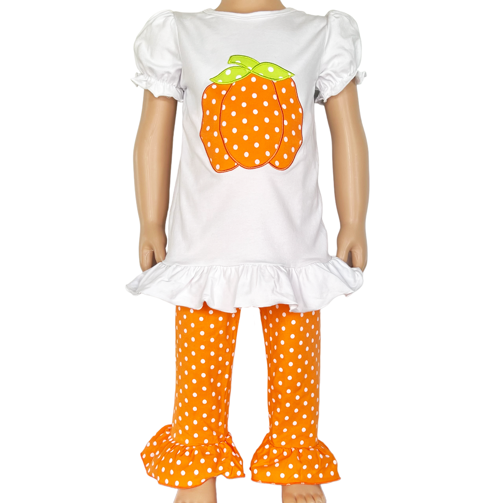 Girls Orange Pumpkin T-Shirt and Polka Dot Pants Fall Thanksgiving-0