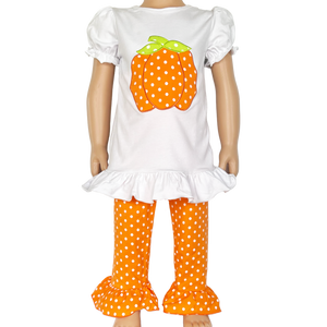 Girls Orange Pumpkin T-Shirt and Polka Dot Pants Fall Thanksgiving-0