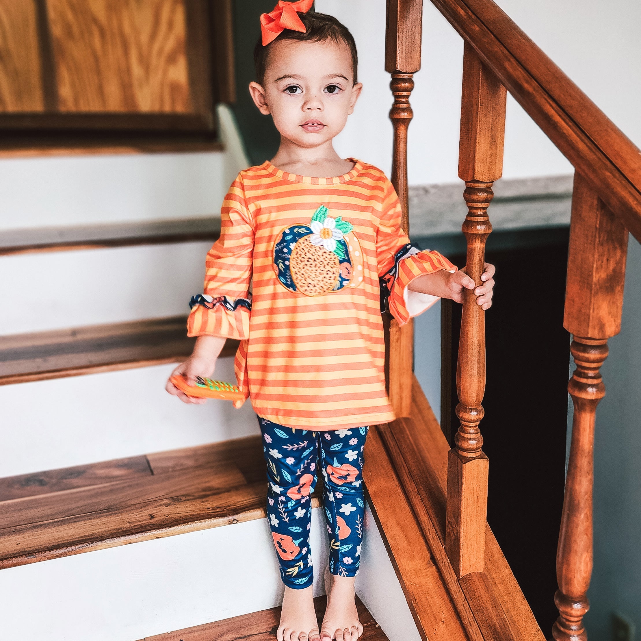 Girls Orange & Blue Fall Harvest Pumpkin Tunic and Leggings-5