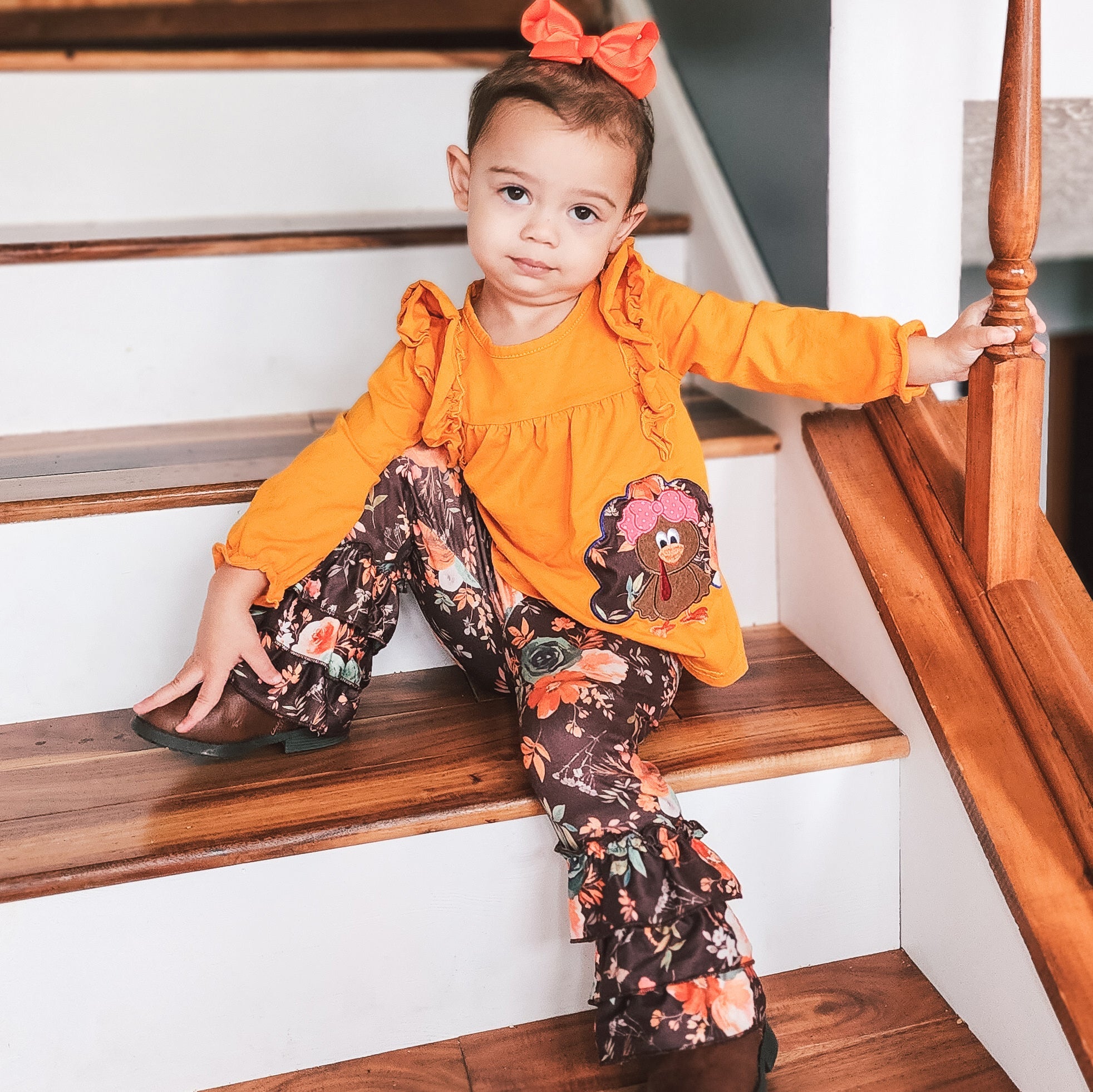 Girls Orange Fall Thanksgiving Turkey Tunic & Ruffle Pants-2