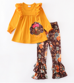 Girls Orange Fall Thanksgiving Turkey Tunic & Ruffle Pants-1