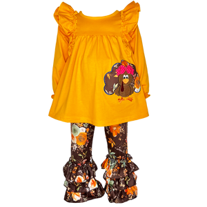 Girls Orange Fall Thanksgiving Turkey Tunic & Ruffle Pants-6