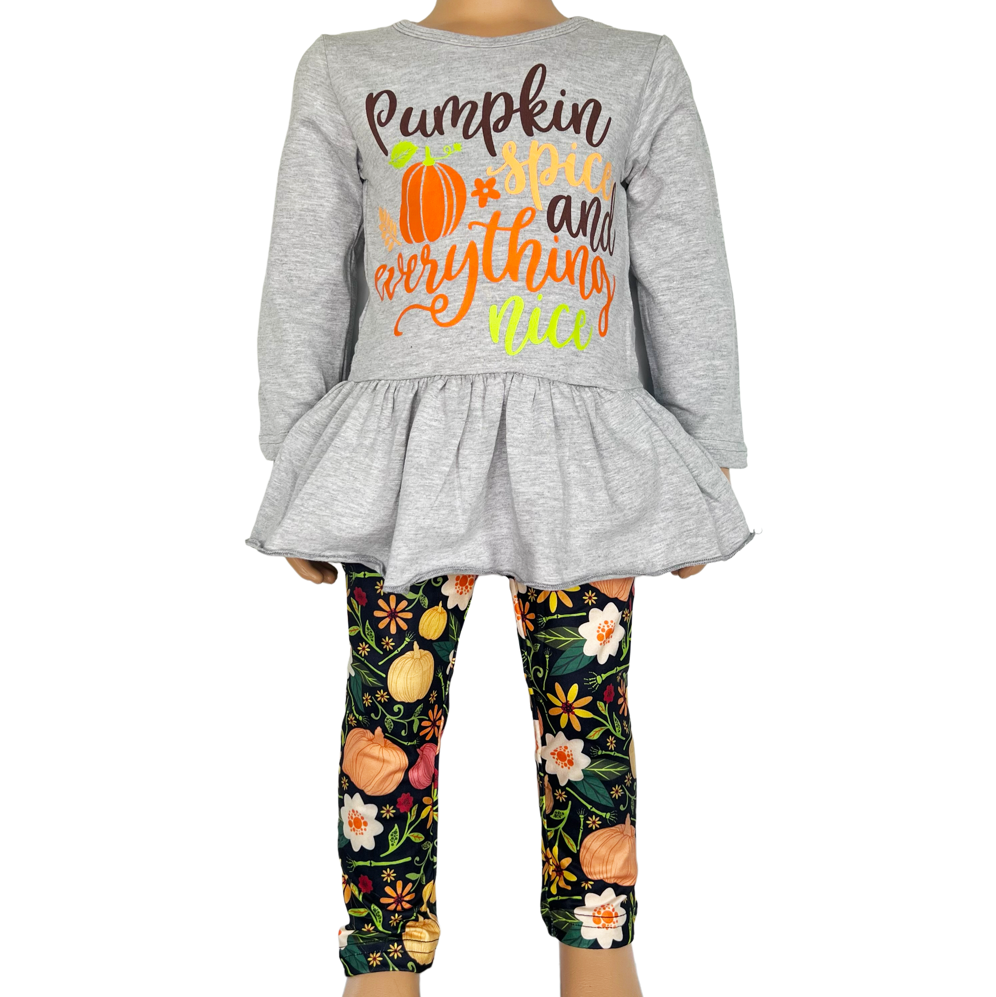 Girls Grey Long Sleeve T-shirt and Floral Leggings Fall Thanksgiving-0