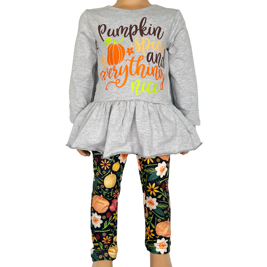 Girls Grey Long Sleeve T-shirt and Floral Leggings Fall Thanksgiving-0