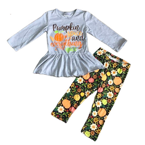 Girls Grey Long Sleeve T-shirt and Floral Leggings Fall Thanksgiving-1