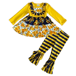 Girls Yellow & Black Floral Fall Long Sleeve Ruffle Shirt & Pants-1