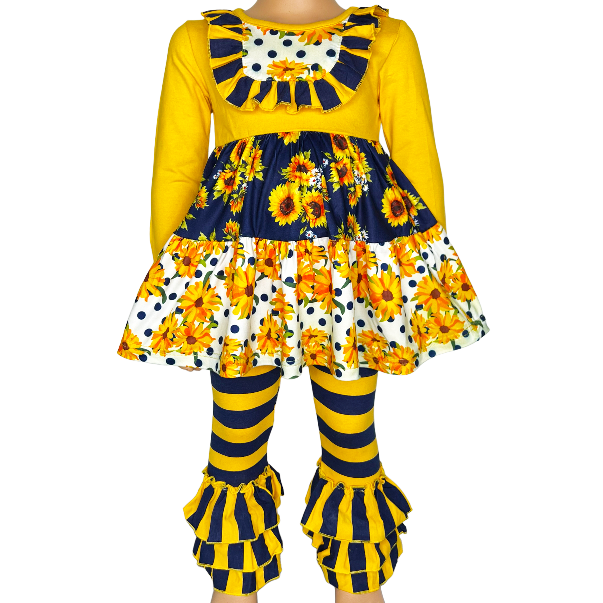 Girls Yellow & Black Floral Fall Long Sleeve Ruffle Shirt & Pants-0