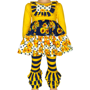 Girls Yellow & Black Floral Fall Long Sleeve Ruffle Shirt & Pants-0