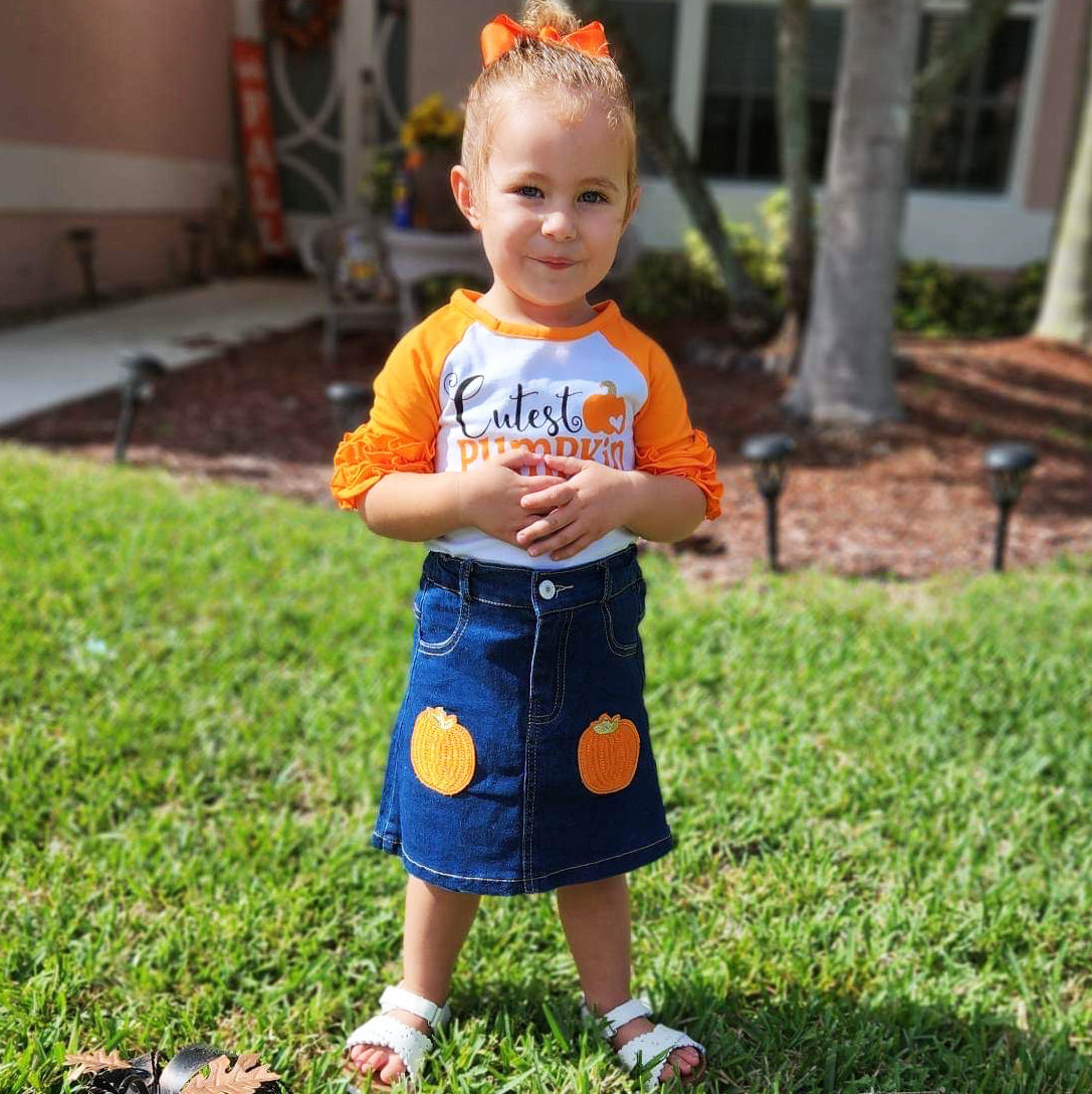 Girls Cutest Pumpkin T-Shirt and Jean Skirt Fall Thanksgiving-4