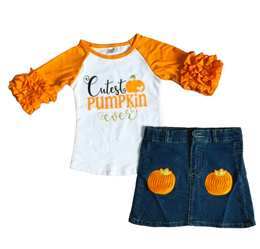Girls Cutest Pumpkin T-Shirt and Jean Skirt Fall Thanksgiving-0