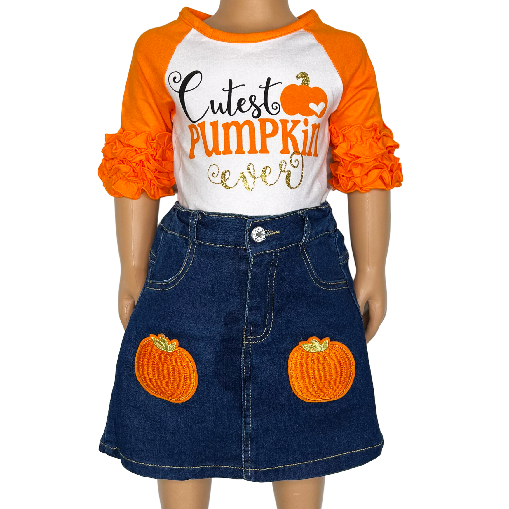 Girls Cutest Pumpkin T-Shirt and Jean Skirt Fall Thanksgiving-5