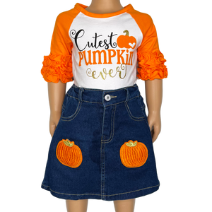 Girls Cutest Pumpkin T-Shirt and Jean Skirt Fall Thanksgiving-5