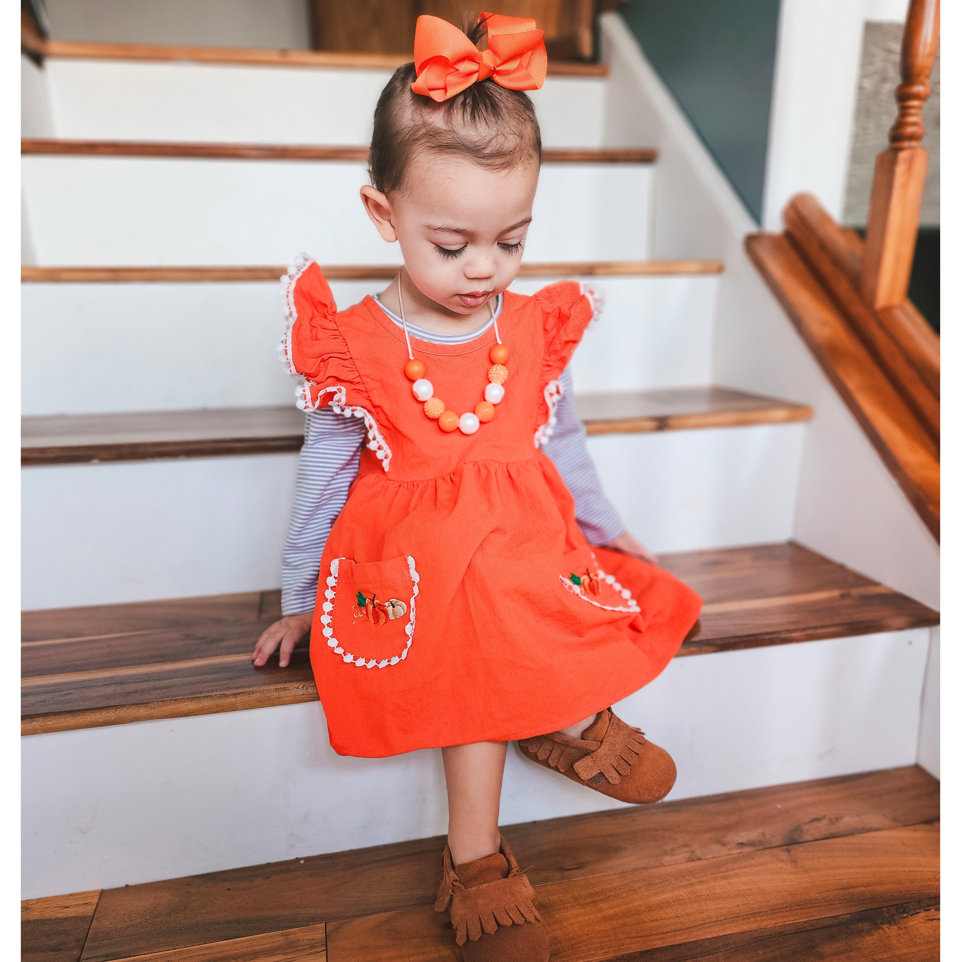 Girls Orange Fall Dress Pockets Long Sleeves Thanksgiving Party Dress-2