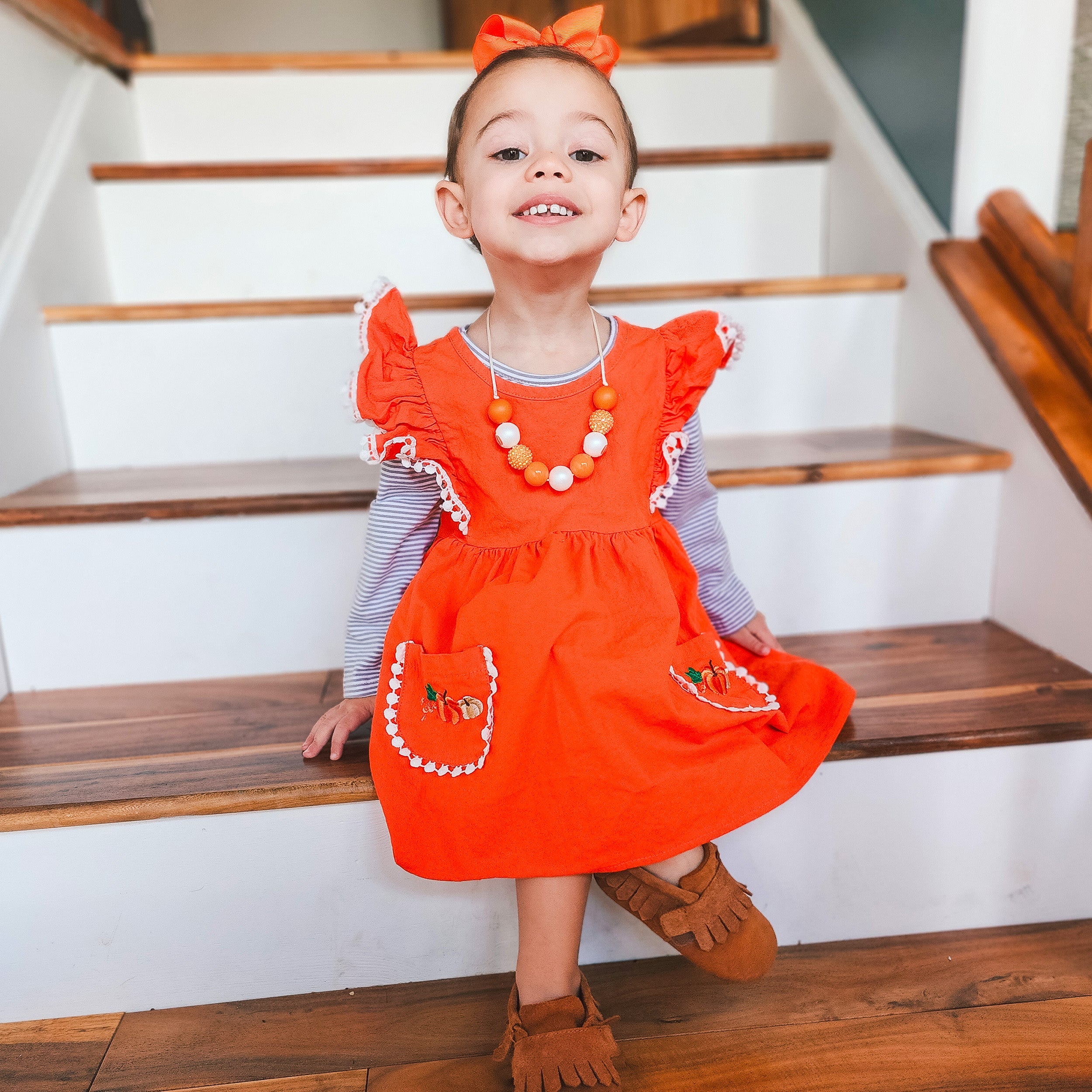 Girls Orange Fall Dress Pockets Long Sleeves Thanksgiving Party Dress-4