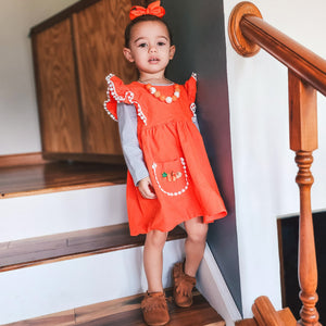 Girls Orange Fall Dress Pockets Long Sleeves Thanksgiving Party Dress-3
