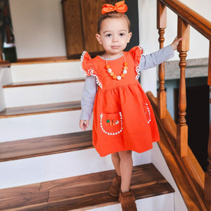 Girls Orange Fall Dress Pockets Long Sleeves Thanksgiving Party Dress-1