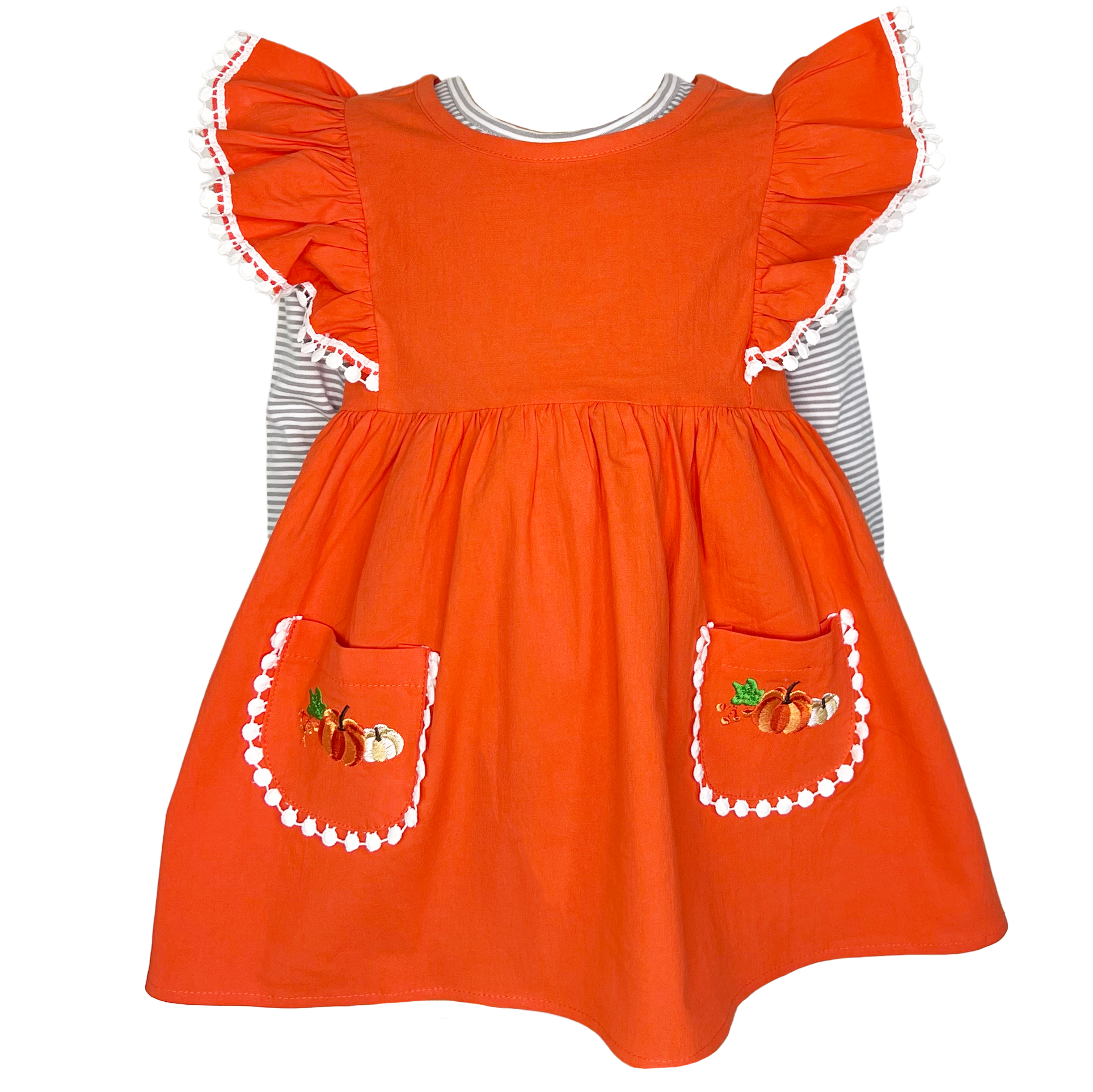 Girls Orange Fall Dress Pockets Long Sleeves Thanksgiving Party Dress-0