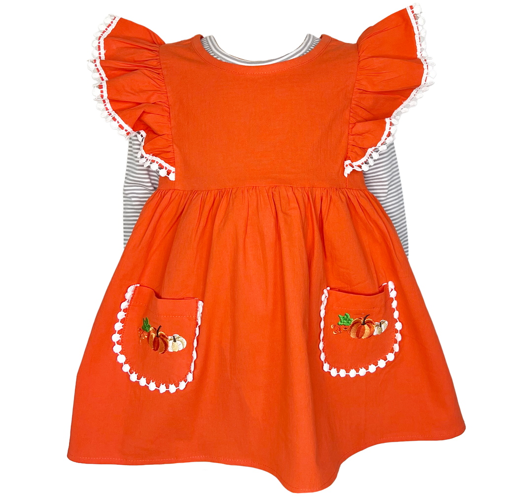 Girls Orange Fall Dress Pockets Long Sleeves Thanksgiving Party Dress-0